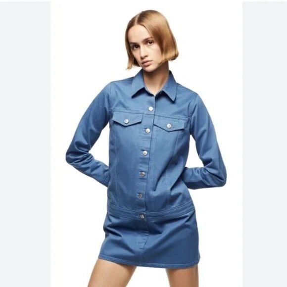Zara Blue Utility Boiler Mini Dress Long Sleeves Small Cotton Denim Utility - Picture 1 of 8